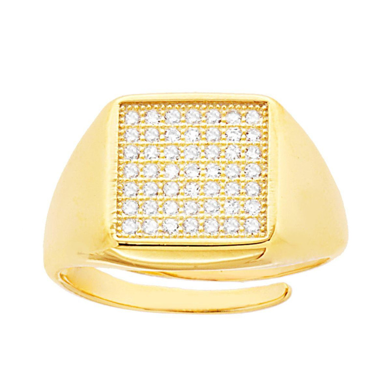 ANELLO CHEVALIER QUADRATO CON CUBIC ZIRCONIA BIANCHI IN ARGENTO 925 GALVANICA ORO