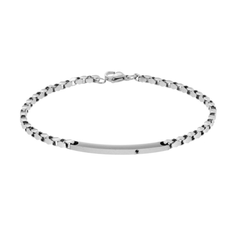 BRACCIALE UOMO CATENA VENEZIANA DIAMANTATA CON TARGA E CRYSTAL NERO IN ACCIAIO