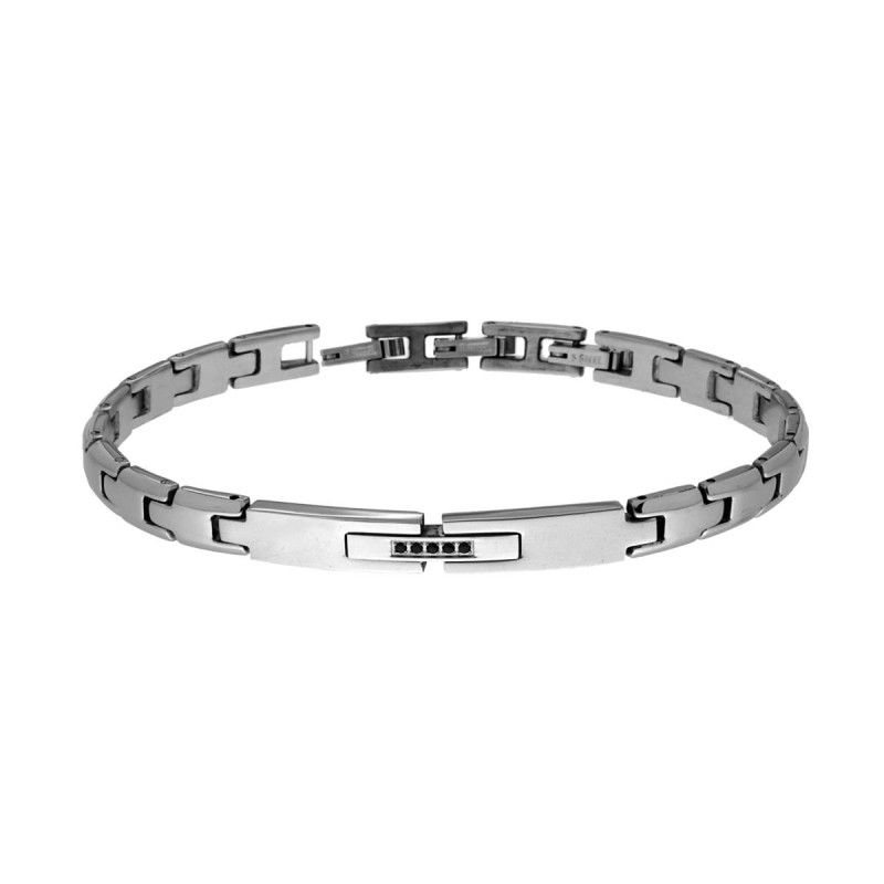 BRACCIALE UOMO MAGLIA IMPERNIATA CON TARGA E CRYSTAL NERI IN ACCIAIO