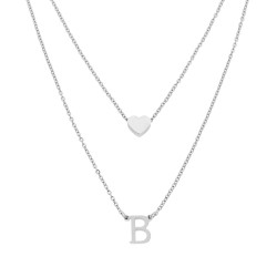 COLLANA DOPPIA CATENA FORZATINA DIAMANTATA CON LETTERA INIZIALE PENDENTE E CUORE PASSANTE IN ACCIAIO