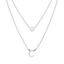 COLLANA DOPPIA CATENA FORZATINA DIAMANTATA CON LETTERA INIZIALE PENDENTE E CUORE PASSANTE IN ACCIAIO