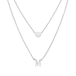 COLLANA DOPPIA CATENA FORZATINA DIAMANTATA CON LETTERA INIZIALE PENDENTE E CUORE PASSANTE IN ACCIAIO
