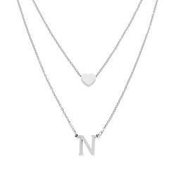 COLLANA DOPPIA CATENA FORZATINA DIAMANTATA CON LETTERA INIZIALE PENDENTE E CUORE PASSANTE IN ACCIAIO