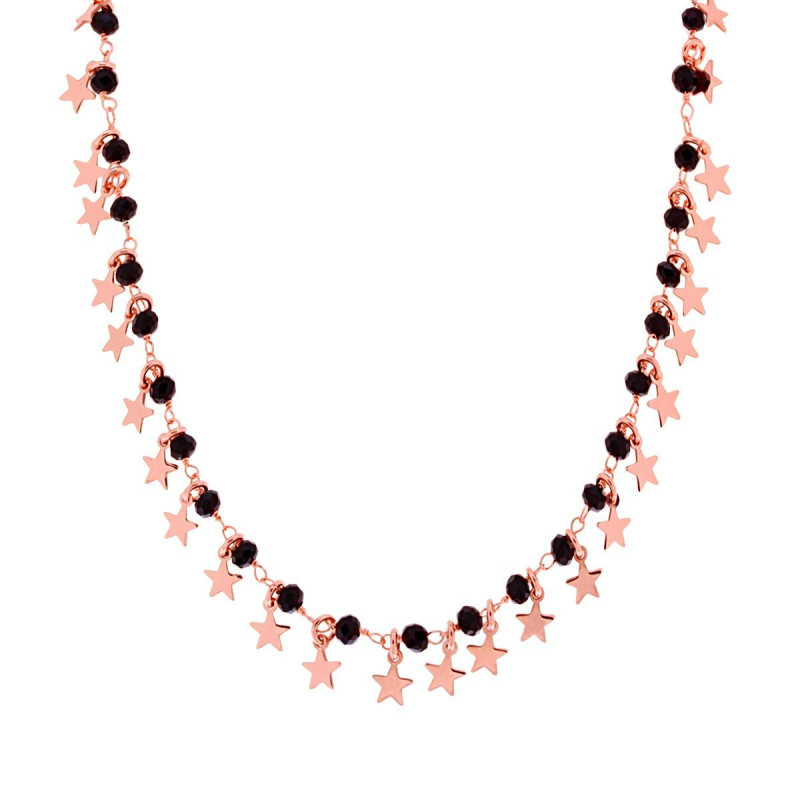 COLLANA CON STELLE PLAIN PENDENTI E GRANI CRYSTAL NERI IN ARGENTO 925 GALVANICA ROSA