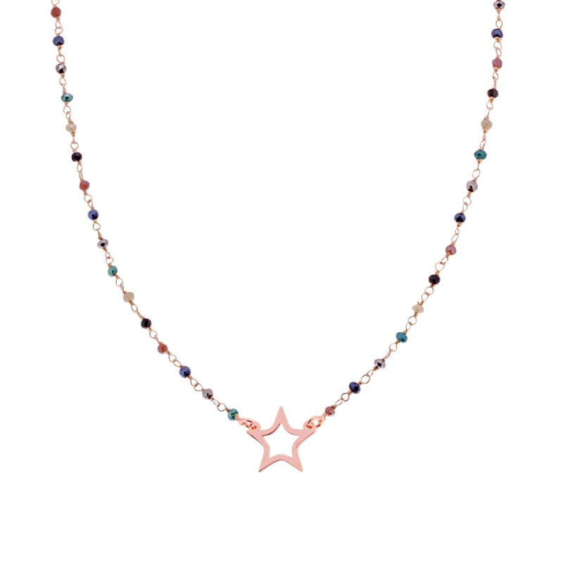 COLLANA CON GRANI CRYSTAL MULTICOLOR E STELLA IN ARGENTO 925 GALVANICA ROSA
