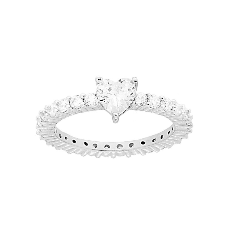 ANELLO ETERNITY VERETTA A GIRO CON ZIRCONI BIANCHI MM 2 E CUORE BIANCO CENTRALE IN ARGENTO 925 GALVANICA RODIO