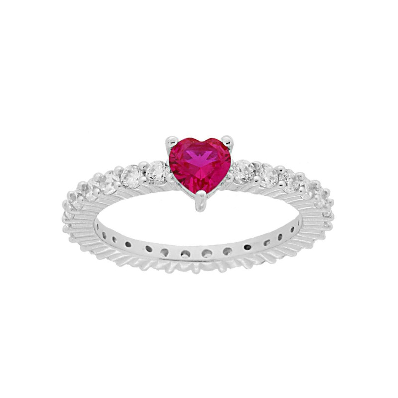 ANELLO ETERNITY VERETTA A GIRO CON ZIRCONI BIANCHI MM 2 E CUORE ROSSO RUBINO CENTRALE IN ARGENTO 925 RODIATO