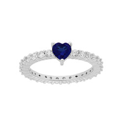 ANELLO ETERNITY VERETTA A GIRO CON ZIRCONI BIANCHI MM 2 E CUORE BLU ZAFFIRO CENTRALE IN ARGENTO 925 RODIATO