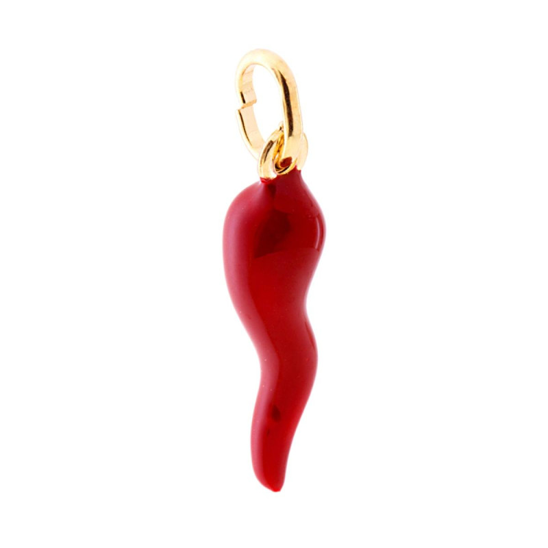 CIONDOLO PORTAFORTUNA CORNO MM 26 CON SMALTO ROSSO IN ARGENTO 925 GALVANICA ORO