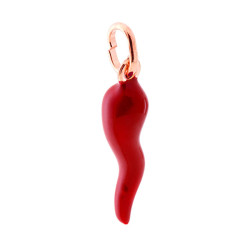 CIONDOLO PORTAFORTUNA CORNO MM 26 CON SMALTO ROSSO IN ARGENTO 925 GALVANICA ROSA