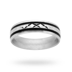 ANELLO UOMO FASCIA FASCIONE CON LAVORAZIONE LASER E SMALTO NERO IN ARGENTO 925 RODIATO