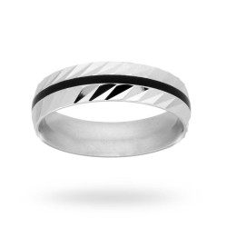 ANELLO UOMO FASCIA FASCIONE CON LAVORAZIONE LASER E SMALTO NERO IN ARGENTO 925 RODIATO