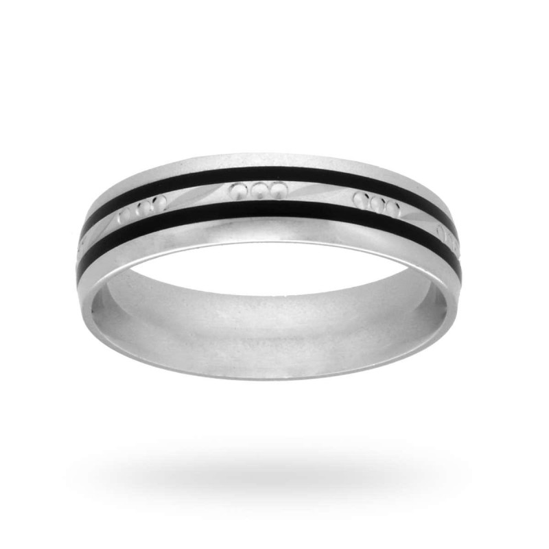 ANELLO UOMO FASCIA FASCIONE CON LAVORAZIONE LASER E SMALTO NERO IN ARGENTO 925 RODIATO