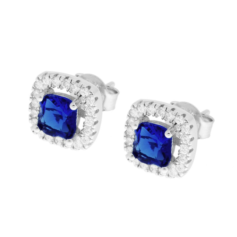 ORECCHINI QUADRATI ZIRCONE BLU ZAFFIRO CONTORNATO DA ZIRCONI BIANCHI IN ARGENTO 925 GALVANICA RODIO
