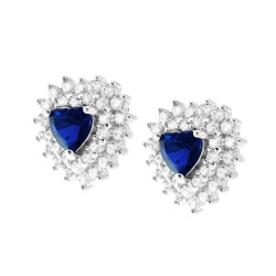 ORECCHINI CUORE ZIRCONE BLU ZAFFIRO CONTORNATO CON ZIRCONI BIANCHI IN ARGENTO 925 GALVANICA RODIO