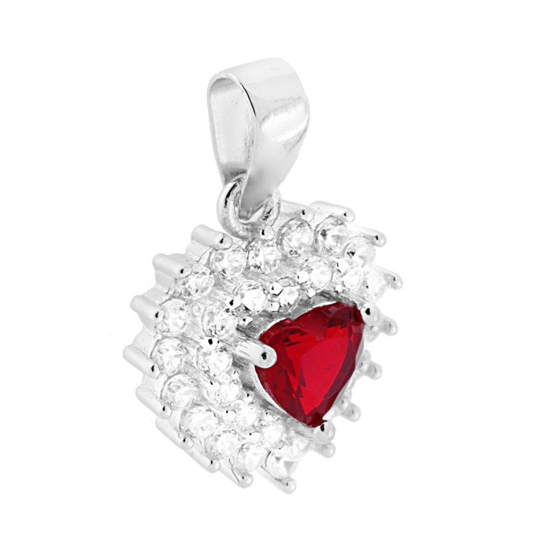 CIONDOLO CUORE ZIRCONE ROSSO RUBINO CONTORNATO DA ZIRCONI BIANCHI IN ARGENTO 925 GALVANICA RODIO