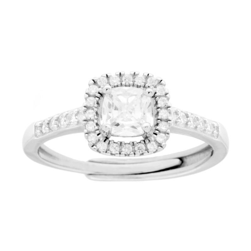 ANELLO HALO SOLITARIO CON ZIRCONE QUADRATO CUSHION BIANCO CONTORNATO CON ZIRCONI BIANCHI IN ARGENTO 925 GALVANICA RODIO