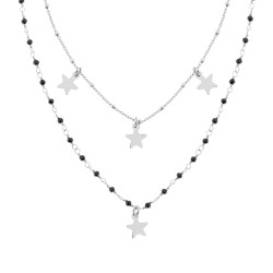 COLLANA DUE FILI CATENA FORZATINA DIAMANTATA CON CRYSTAL NERI E STELLE PLAIN PENDENTI IN ARGENTO 925 GALVANICA RODIO