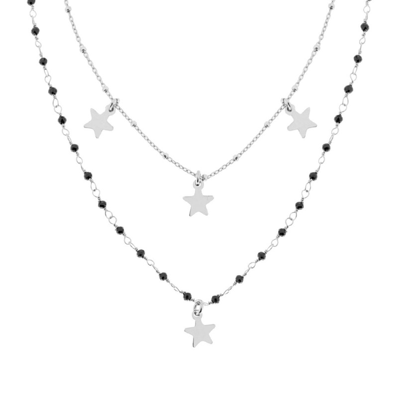 COLLANA DUE FILI CATENA FORZATINA DIAMANTATA CON CRYSTAL NERI E STELLE PLAIN PENDENTI IN ARGENTO 925 GALVANICA RODIO