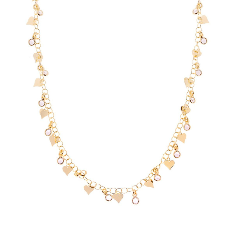 COLLANA CATENA ROLO CON TONDI CRYSTAL BIANCHI E CUORI PLAIN PENDENTI IN ARGENTO 925 GALVANICA ORO