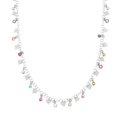 COLLANA CATENA ROLO CON TONDI CRYSTAL MULTICOLOR E CUORI PLAIN PENDENTI IN ARGENTO 925 GALVANICA RODIO