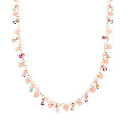 COLLANA CATENA ROLO CON TONDI CRYSTAL MULTICOLOR E CUORI PLAIN PENDENTI IN ARGENTO 925 GALVANICA ROSA
