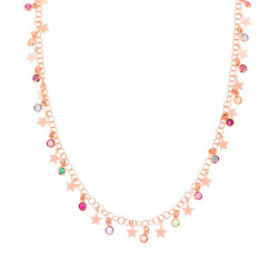 COLLANA CATENA ROLO CON TONDI CRYSTAL MULTICOLOR E STELLE PLAIN PENDENTI IN ARGENTO 925 GALVANICA ROSA
