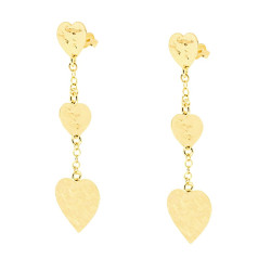 ORECCHINI PENDENTI CON CATENA ROLO E CUORI PIATTI MARTELLATI IN ARGENTO 925 GALVANICA ORO
