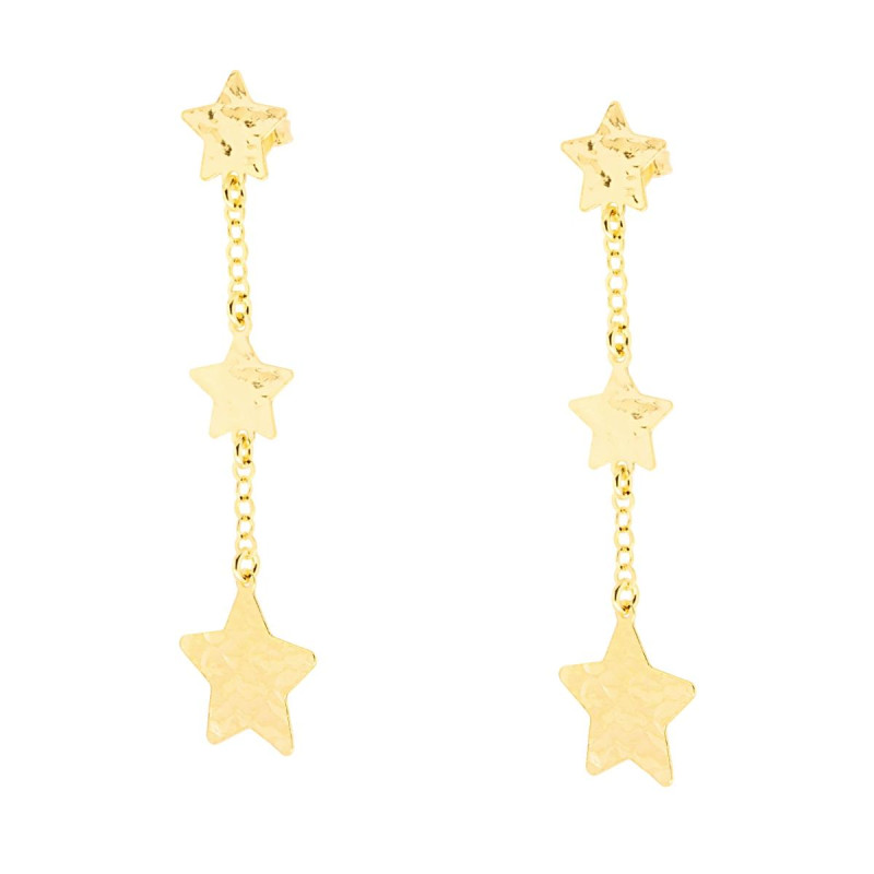 ORECCHINI PENDENTI CON CATENA ROLO E STELLE PIATTE MARTELLATE IN ARGENTO 925 GALVANICA ORO