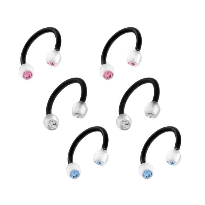 BODY PIERCING CIRCULAR BARBELL NERO MM 11 CON PALLINE IN TEFLON MM 3 CON CRYSTAL ROSA AZZURRO E BIANCO IN ACCIAIO CHIRURGICO