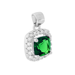 CIONDOLO ZIRCONE QUADRATO CUSHION VERDE SMERALDO CONTORNATO DA ZIRCONI BIANCHI IN ARGENTO 925 GALVANICA RODIO