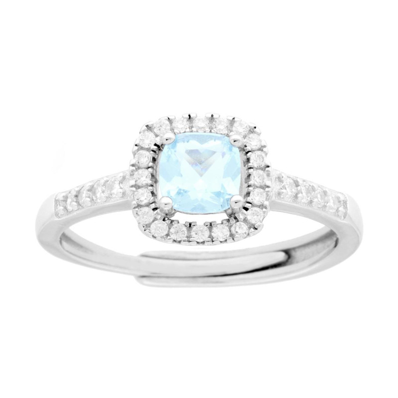 ANELLO HALO SOLITARIO CON ZIRCONE QUADRATO CUSHION ACQUAMARINA CONTORNATO CON ZIRCONI BIANCHI IN ARGENTO 925 GALVANICA RODIO