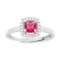 ANELLO HALO SOLITARIO CON ZIRCONE QUADRATO CUSHION ROSSO RUBINO CONTORNATO DA ZIRCONI BIANCHI IN ARGENTO 925 GALVANICA RODIO