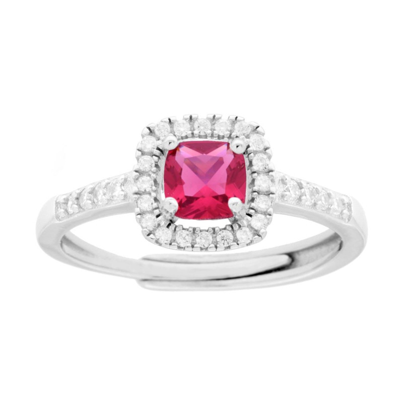 ANELLO HALO SOLITARIO CON ZIRCONE QUADRATO CUSHION ROSSO RUBINO CONTORNATO DA ZIRCONI BIANCHI IN ARGENTO 925 GALVANICA RODIO
