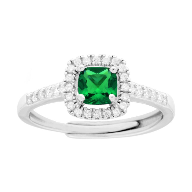 ANELLO HALO SOLITARIO CON ZIRCONE QUADRATO CUSHION VERDE SMERALDO CONTORNATO CON ZIRCONI BIANCHI IN ARGENTO 925 GALVANICA RODIO