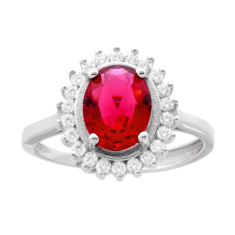 ANELLO HALO SOLITARIO CON ZIRCONE OVALE ROSSO RUBINO CONTORNATO DA ZIRCONI BIANCHI IN ARGENTO 925 GALVANICA RODIO