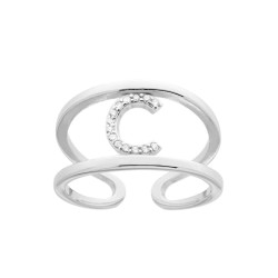 ANELLO FASCIONE A DOPPIO GAMBO CON LETTERA INIZIALE CON ZIRCONI BIANCHI IN ARGENTO 925 GALVANICA RODIO