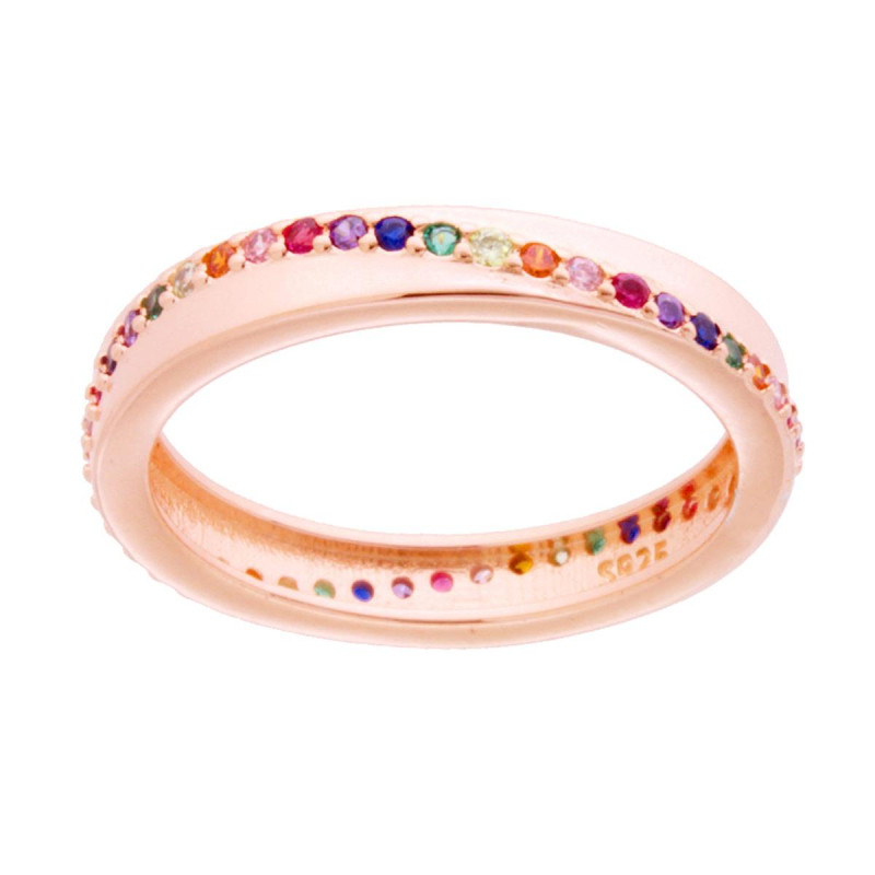 ANELLO FASCIA CON FILO ETERNITY DI ZIRCONI RAINBOW MULTICOLOR IN ARGENTO 925 GALVANICA ROSA