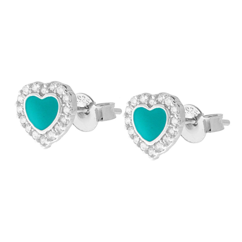 ORECCHINI CUORE SMALTO TURCHESE CONTORNATO CON ZIRCONI BIANCHI IN ARGENTO 925 GALVANICA RODIO