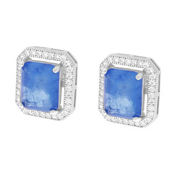 ORECCHINI RETTANGOLARE TANZANITE BLU CONTORNATA CON ZIRCONI BIANCHI IN ARGENTO 925 GALVANICA RODIO