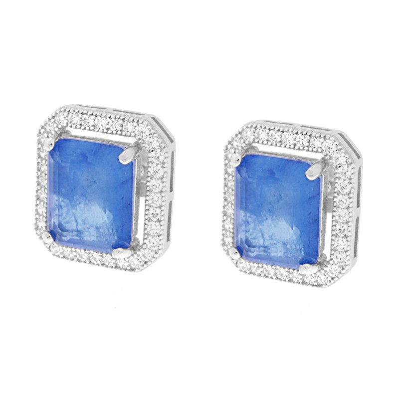 ORECCHINI RETTANGOLARE TANZANITE BLU CONTORNATA CON ZIRCONI BIANCHI IN ARGENTO 925 GALVANICA RODIO