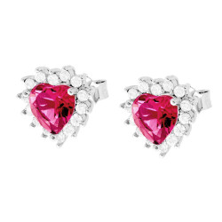 ORECCHINI CUORE ZIRCONE ROSSO RUBINO CONTORNATO DA ZIRCONI BIANCHI IN ARGENTO 925 GALVANICA RODIO