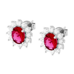 ORECCHINI OVALE ZIRCONE ROSSO RUBINO CONTORNATO DA ZIRCONI BIANCHI IN ARGENTO 925 GALVANICA RODIO