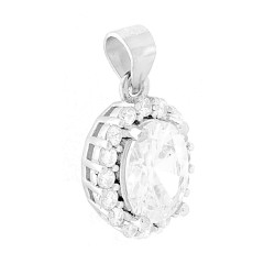 CIONDOLO CON ZIRCONE OVALE BIANCO CONTORNATO DA ZIRCONI BIANCHI IN ARGENTO 925 GALVANICA RODIO