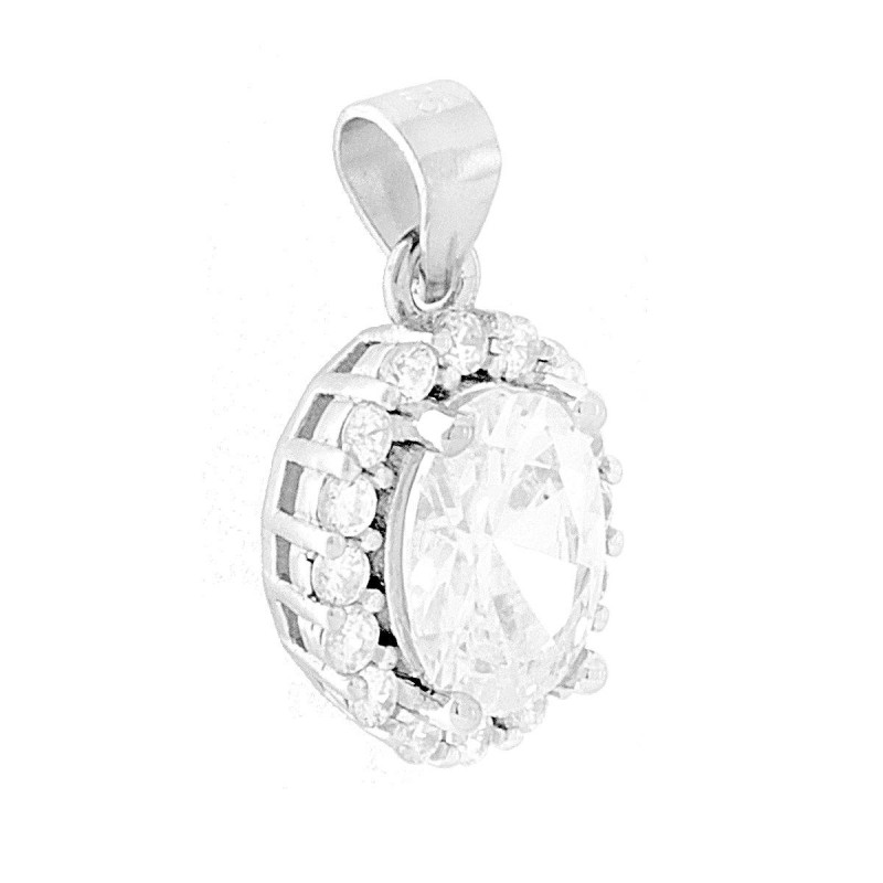 CIONDOLO CON ZIRCONE OVALE BIANCO CONTORNATO DA ZIRCONI BIANCHI IN ARGENTO 925 GALVANICA RODIO
