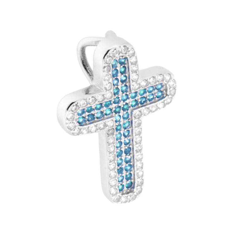 CIONDOLO CROCE LATINA CON ZIRCONI ACQUAMARINA E ZIRCONI BIANCHI IN ARGENTO 925 GALVANICA RODIO