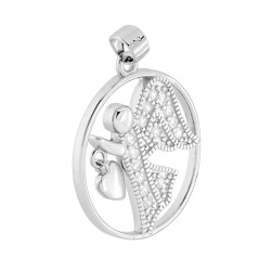 CIONDOLO ANGELO CON ZIRCONI BIANCHI E CUORE PENDENTE IN ARGENTO 925 GALVANICA RODIO