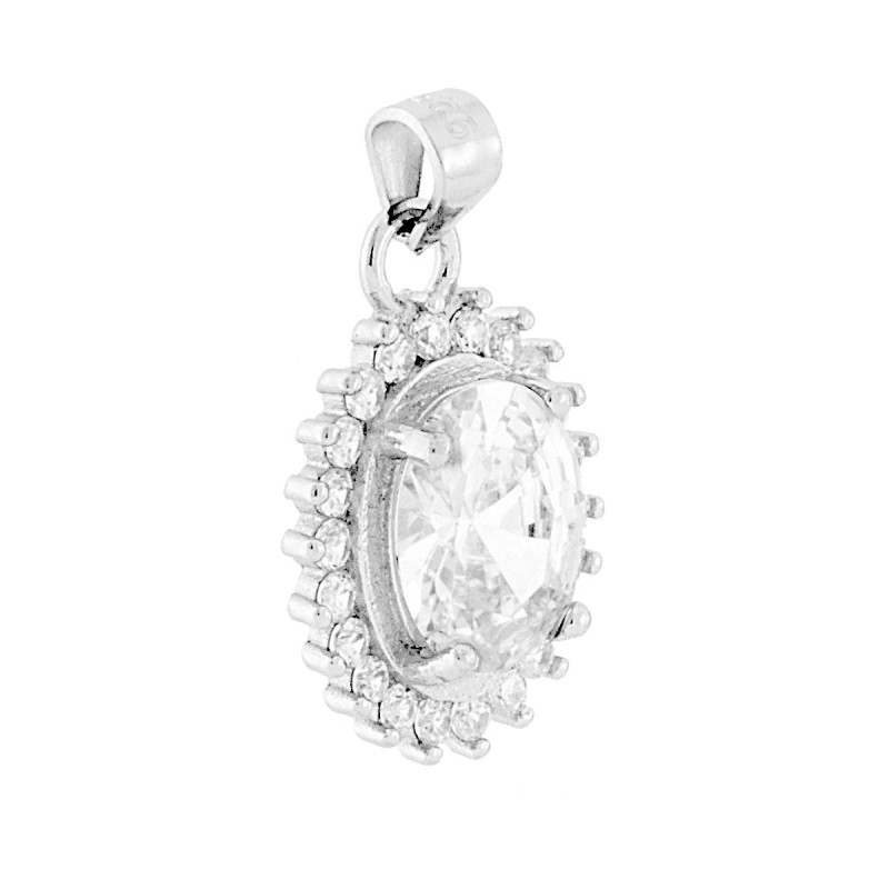 CIONDOLO OVALE CON ZIRCONE BIANCO CONTORNATO DA ZIRCONI BIANCHI IN ARGENTO 925 GALVANICA RODIO