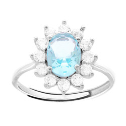 ANELLO HALO SOLITARIO CON ZIRCONE OVALE ACQUAMARINA CONTORNATO DA ZIRCONI BIANCHI IN ARGENTO 925 GALVANICA RODIO
