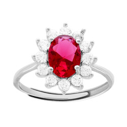 ANELLO HALO SOLITARIO CON ZIRCONE OVALE ROSSO RUBINO CONTORNATO DA ZIRCONI BIANCHI IN ARGENTO 925 GALVANICA RODIO